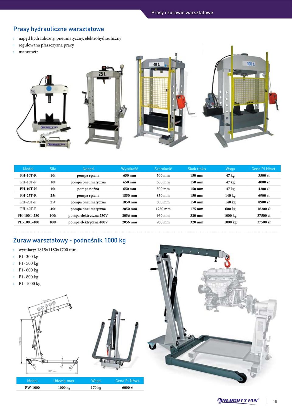 PH-10T-R 10t pompa ręczna 650 mm 500 mm 150 mm 47 kg 3500 zł PH-10T-P 10t pompa pneumatyczna 650 mm 500 mm 150 mm 47 kg 4000 zł PH-10T-N 10t pompa nożna 650 mm 500 mm 150 mm 47 kg 4200 zł PH-25T-R