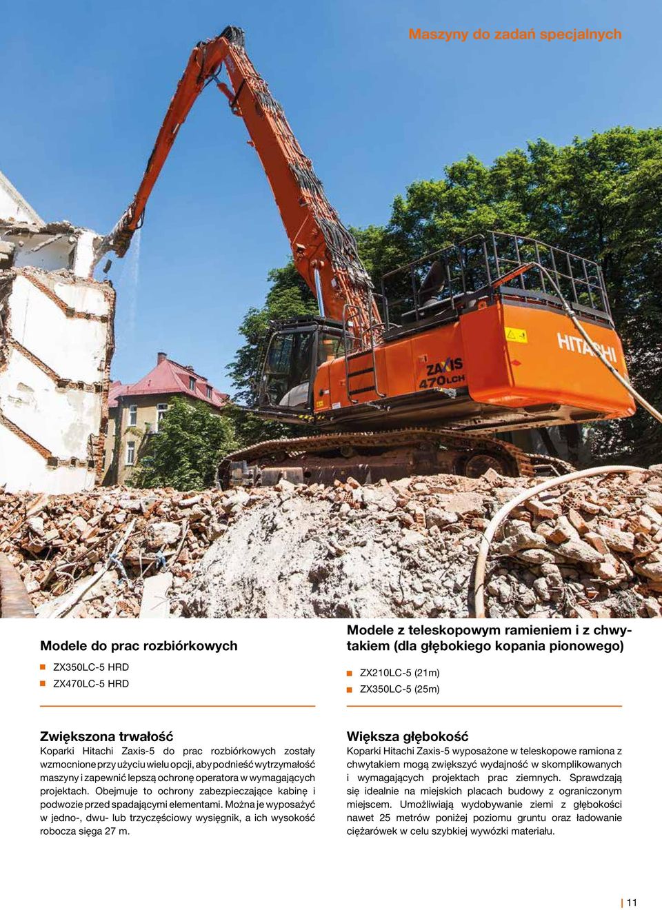 projektach. Obejmuje to ochrony zabezpieczające kabinę i podwozie przed spadającymi elementami. Można je wyposażyć w jedno-, dwu- lub trzyczęściowy wysięgnik, a ich wysokość robocza sięga 27 m.