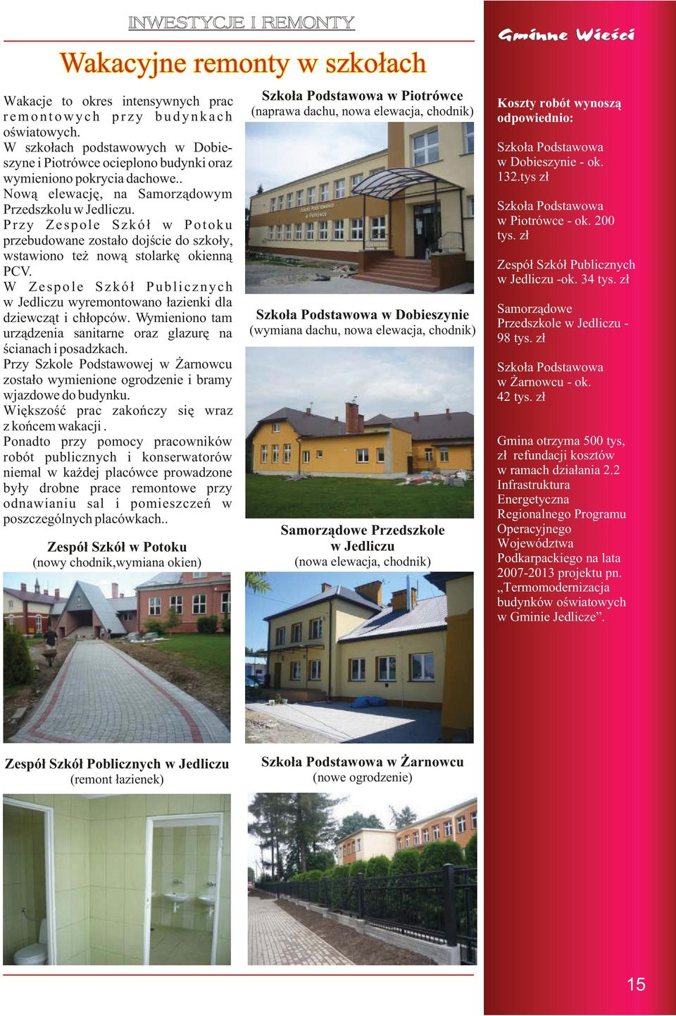 Przy Zespole Szkó³ w Potoku przebudowane zosta³o dojœcie do szko³y, wstawiono te now¹ stolarkê okienn¹ PCV. W Zespole Szkó³ Publicznych w Jedliczu wyremontowano ³azienki dla dziewcz¹t i ch³opców.