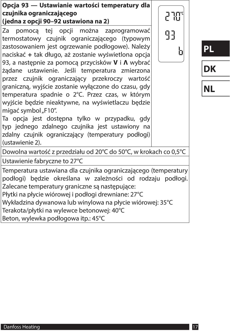 Jeśli temperatura zmierzona przez czujnik ograniczający przekroczy wartość graniczną, wyjście zostanie wyłączone do czasu, gdy temperatura spadnie o 2 C.