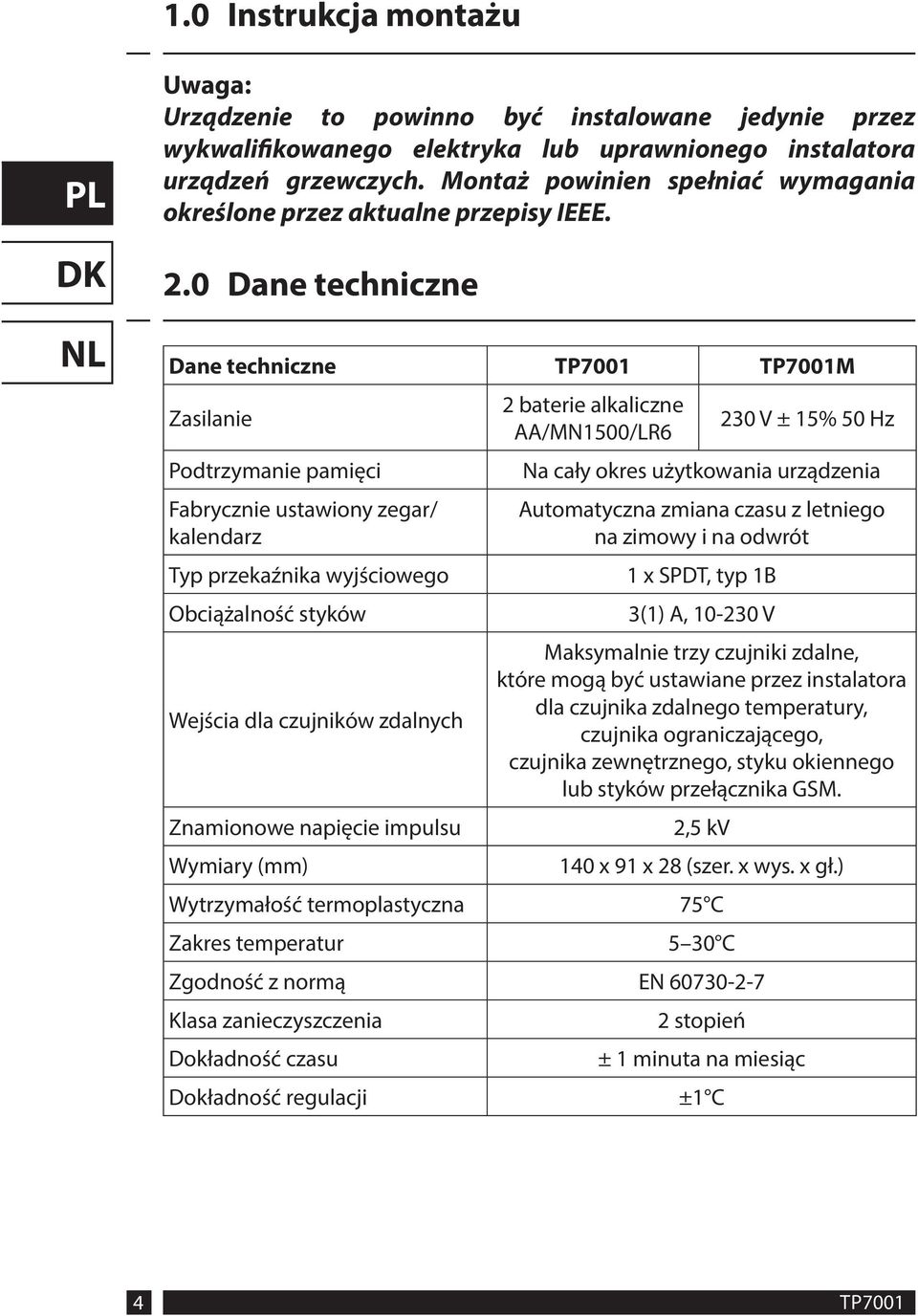 0 Dane techniczne Dane techniczne TP7001 TP7001M Zasilanie Podtrzymanie pamięci Fabrycznie ustawiony zegar/ kalendarz Typ przekaźnika wyjściowego Obciążalność styków Wejścia dla czujników zdalnych