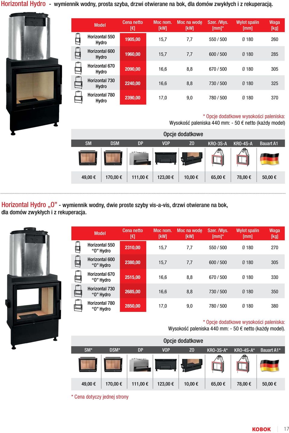 500 305 325 370 * wysokości paleniska: Wysokość paleniska 440 mm: - 50 netto (każdy model) SM DSM KRO-3S-A KRO-4S-A Bauart A1 40 170,00 10 123,00 0 65,00 78,00 50,00 Hydro O - wymiennik wodny, dwie