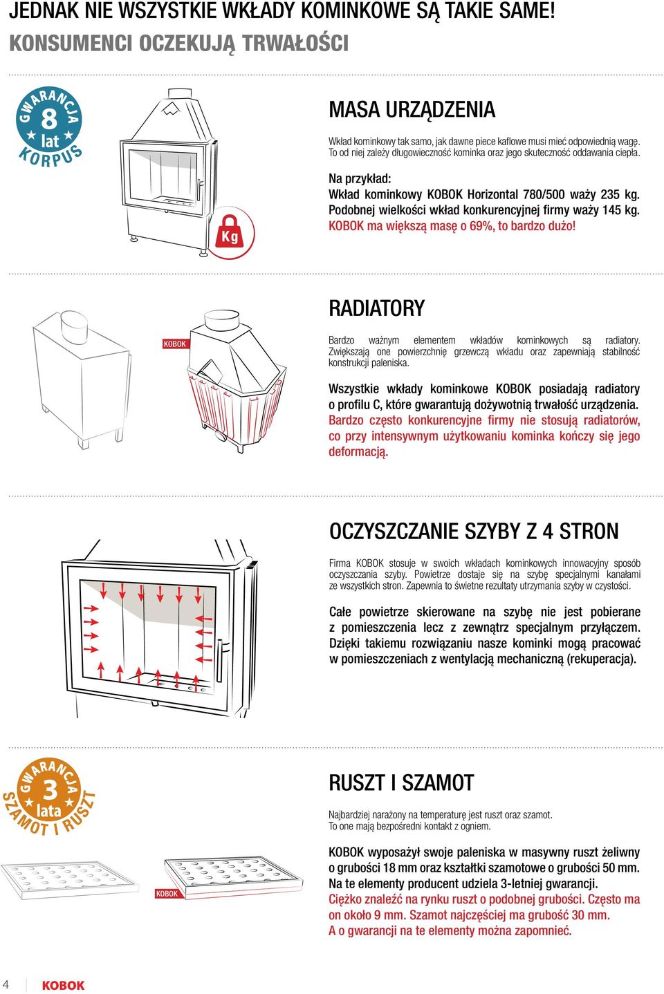 ma większą masę o 69%, to bardzo dużo! RADIATORY Bardzo ważnym elementem wkładów kominkowych są radiatory. Zwiększają one powierzchnię grzewczą wkładu oraz zapewniają stabilność konstrukcji paleniska.