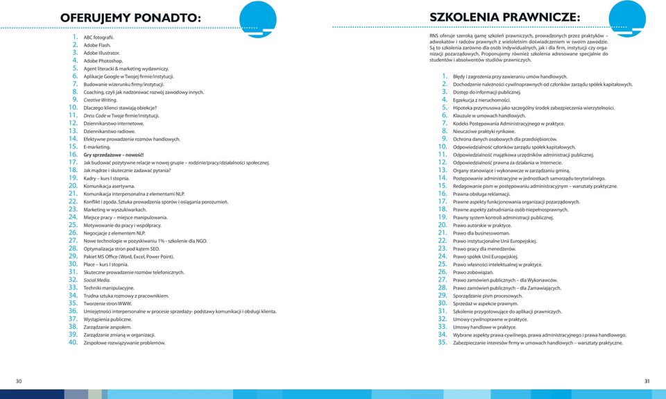 12. Dziennikarstwo internetowe. 13. Dziennikarstwo radiowe. 14. Efektywne prowadzenie rozmów handlowych. 15. E-marketing. 16. Gry sprzedażowe nowość! 17.