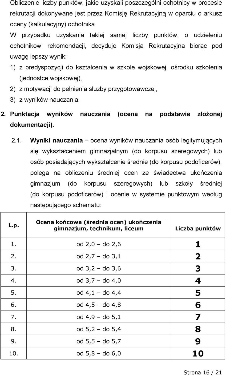 wojskowej, ośrodku szkolenia (jednostce wojskowej), 2) z motywacji do pełnienia służby przygotowawczej, 3) z wyników nauczania. 2. Punktacja wyników nauczania (ocena na podstawie złożonej dokumentacji).