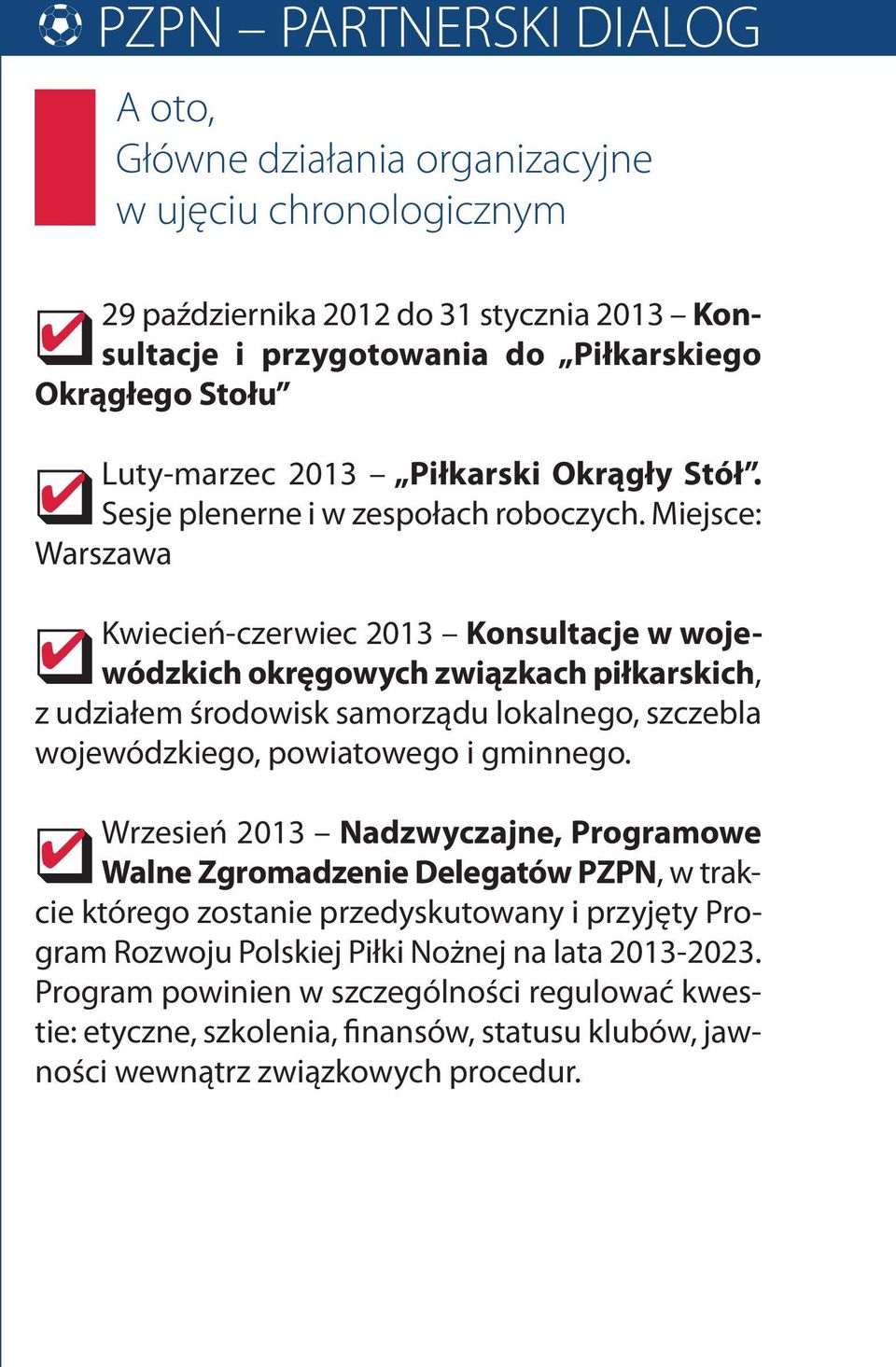 Miejsce: Warszawa Kwiecień-czerwiec 2013 Konsultacje w wojewódzkich okręgowych związkach piłkarskich, z udziałem środowisk samorządu lokalnego, szczebla wojewódzkiego, powiatowego i gminnego.