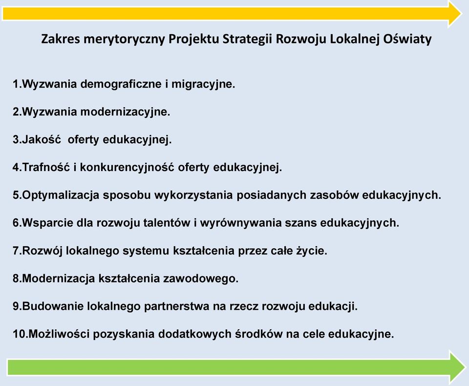 Optymalizacja sposobu wykorzystania posiadanych zasobów edukacyjnych. 6.Wsparcie dla rozwoju talentów i wyrównywania szans edukacyjnych. 7.