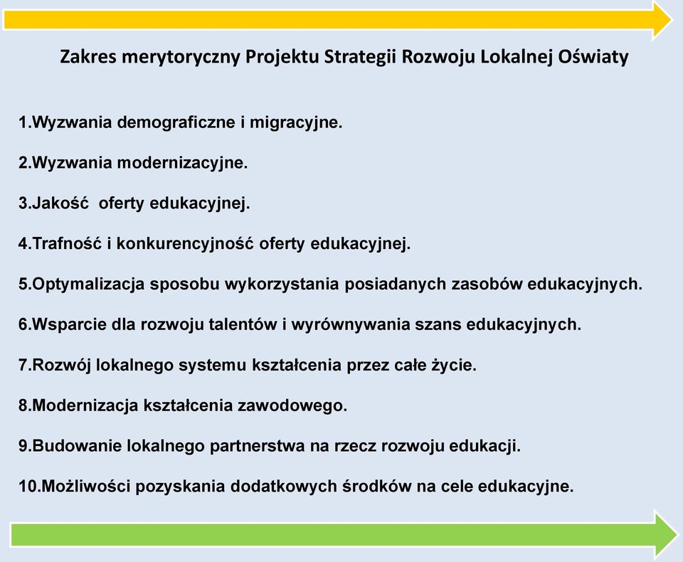 Optymalizacja sposobu wykorzystania posiadanych zasobów edukacyjnych. 6.Wsparcie dla rozwoju talentów i wyrównywania szans edukacyjnych. 7.