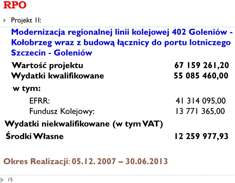 kwalifikowane 55 085 460,00 w tym: EFRR: 41 314 095,00 Fundusz Kolejowy: 13 771 365,00 Wydatki