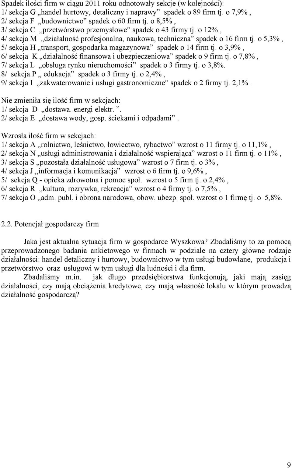 o 5,3%, 5/ sekcja H transport, gospodarka magazynowa spadek o 14 firm tj. o 3,9%, 6/ sekcja K działalność finansowa i ubezpieczeniowa spadek o 9 firm tj.