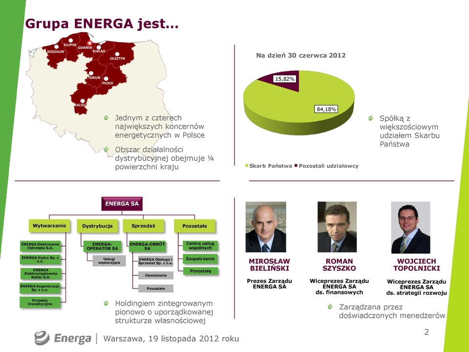z o.o. ENERGA Elektrociepłownia Kalisz S.A. ENERGA Kogeneracja Sp. z o.o. Usługi wspierające ENERGA Obsługa i Sprzedaż Sp. z o.o. Oświetlenie Pozostałe Zaopatrzenie Pozostałę MIROSŁAW BIELIŃSKI Prezes Zarządu ENERGA SA ROMAN SZYSZKO Wiceprezes Zarządu ENERGA SA ds.