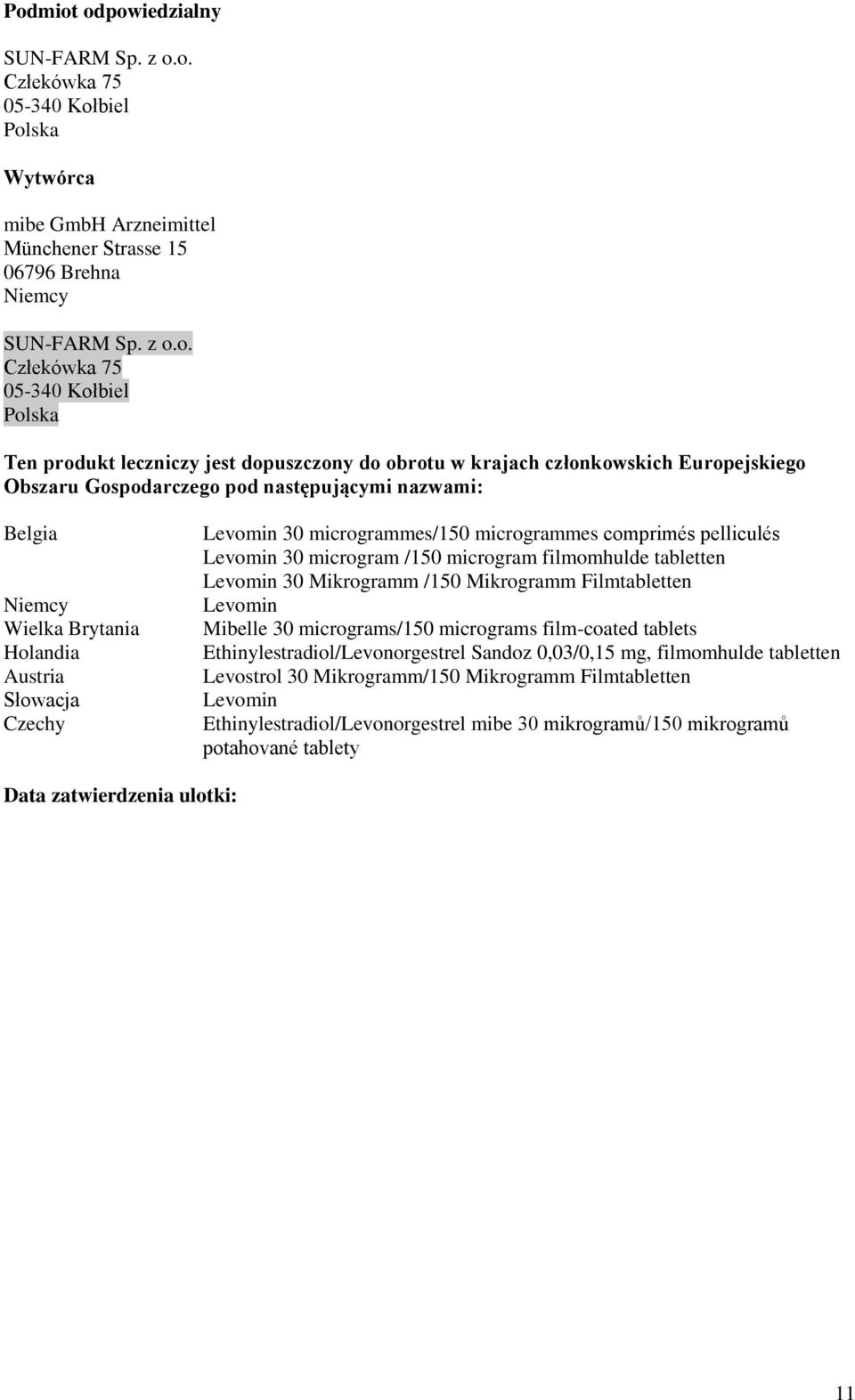 Czechy Levomin 30 microgrammes/150 microgrammes comprimés pelliculés Levomin 30 microgram /150 microgram filmomhulde tabletten Levomin 30 Mikrogramm /150 Mikrogramm Filmtabletten Levomin Mibelle 30