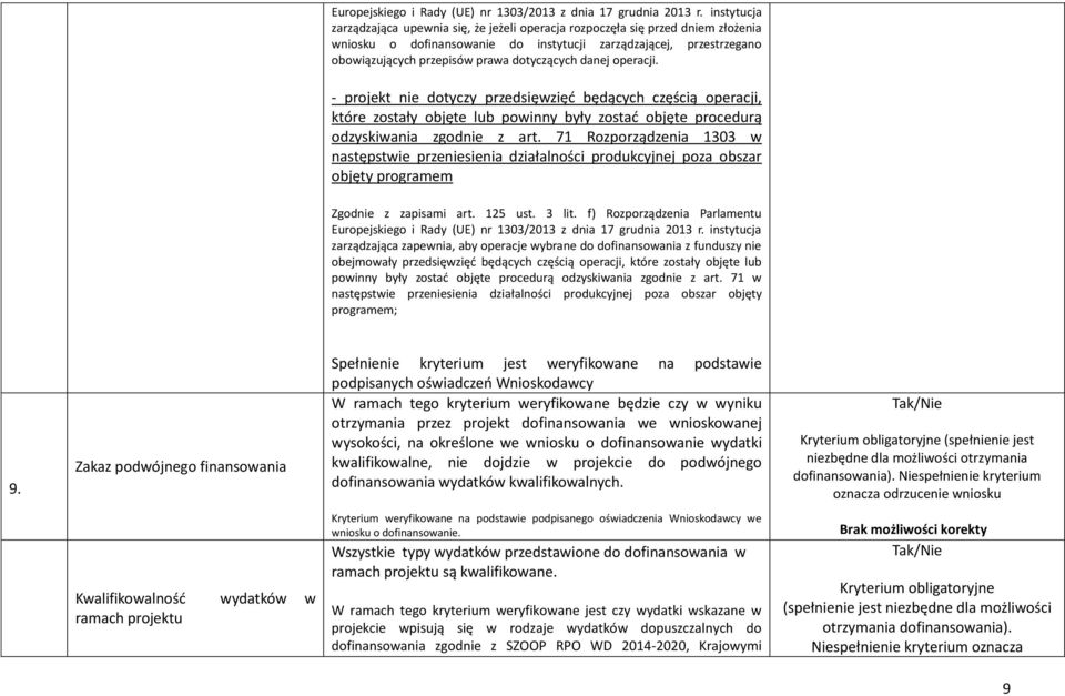 dotyczących danej operacji. - projekt nie dotyczy przedsięwzięć będących częścią operacji, które zostały objęte lub powinny były zostać objęte procedurą odzyskiwania zgodnie z art.
