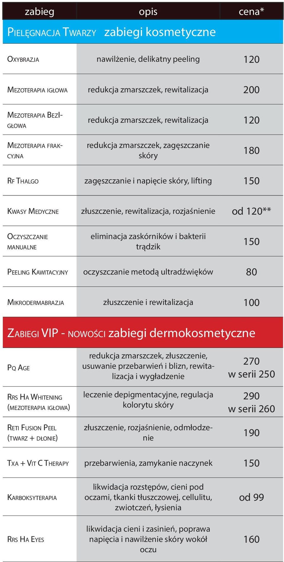 rozjaśnienie od 120** Oczyszczanie manualne eliminacja zaskórników i bakterii trądzik 150 Peeling Kawitacyjny oczyszczanie metodą ultradźwięków 80 Mikrodermabrazja złuszczenie i rewitalizacja 100