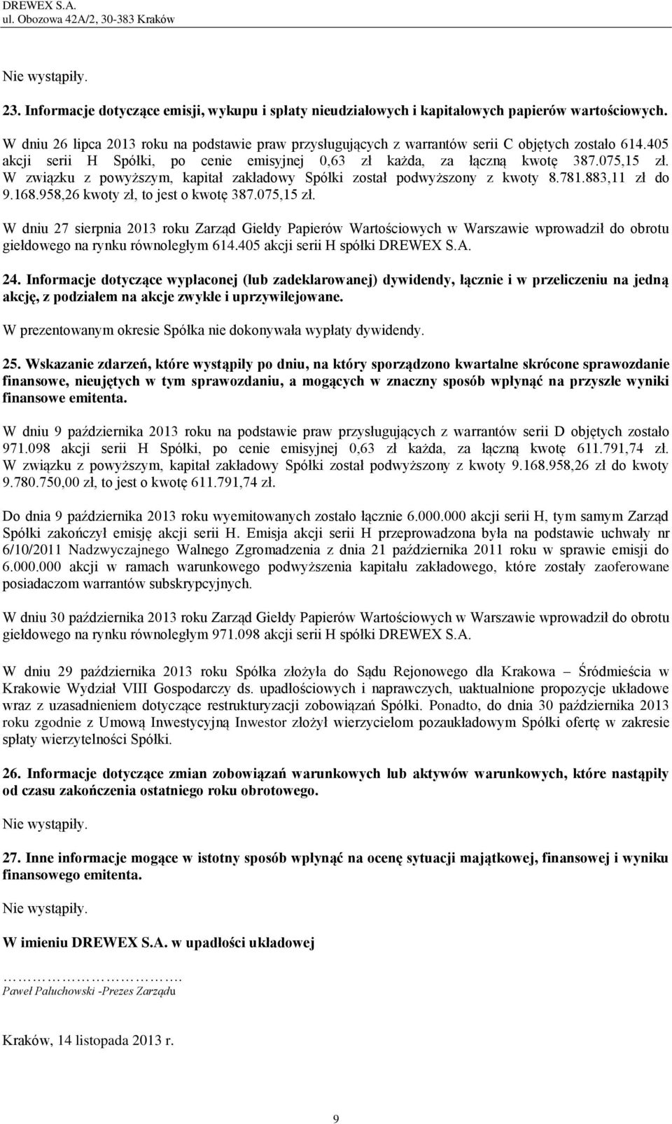 W związku z powyższym, kapitał zakładowy Spółki został podwyższony z kwoty 8.781.883,11 zł do 9.168.958,26 kwoty zł, to jest o kwotę 387.075,15 zł.