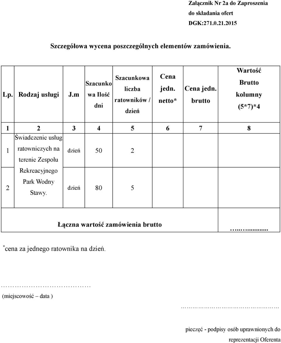 brutto Wartość Brutto kolumny (5*7)*4 1 2 3 4 5 6 7 8 1 Świadczenie usług ratowniczych na dzień 50 2 2 terenie Zespołu Rekreacyjnego Park