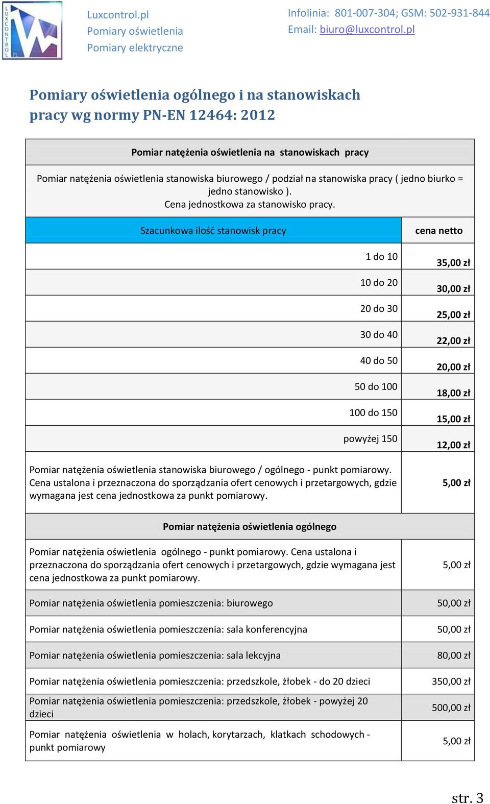 Szacunkowa ilość stanowisk pracy 1 do 10 10 do 20 20 do 30 30 do 40 40 do 50 50 do 100 100 do 150 powyżej 150 Pomiar natężenia oświetlenia stanowiska biurowego / ogólnego - punkt pomiarowy.