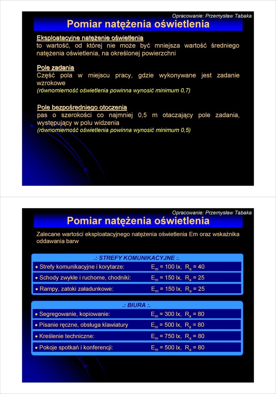 oświetlenia powinna wynosić minimum 0,5) Zalecane wartości eksploatacyjnego natężenia oświetlenia Em oraz wskaźnika oddawania barw.: STREFY KOMUNIKACYJNE :.