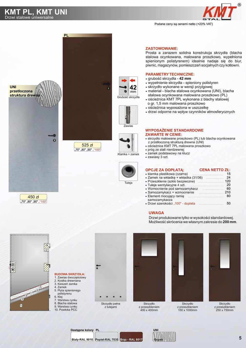 PARAMTRY TCHCZN: grubość skrzydła - 4 mm wypełnienie skrzydła - spieniony polistyren skrzydło wykonane w wersji przylgowej materiał - blacha stalowa ocynkowana (U), 4 U przetłoczona struktura drewna