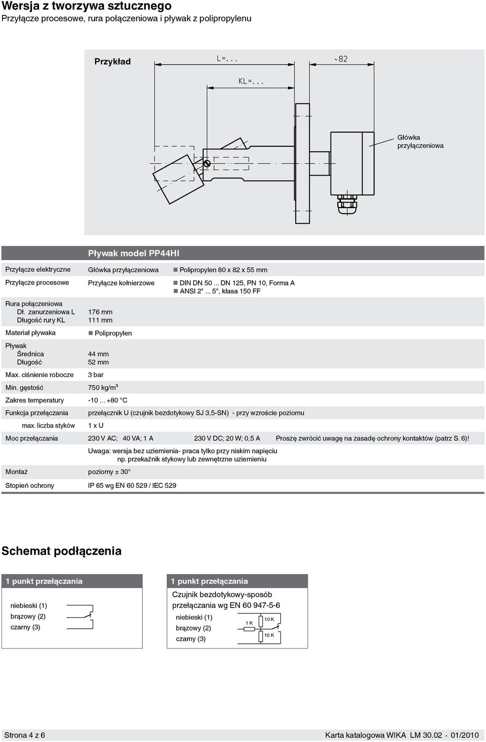 zanurzeniowa L Długość rury KL Materiał pływaka Pływak Średnica Długość Max. ciśnienie robocze Min. gęstość 176 mm 111 mm Polipropylen 44 mm 3 bar 750 kg/m³ Zakres temperatury -10.