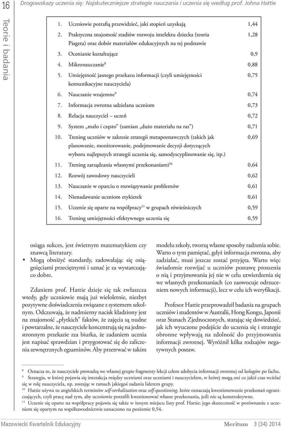 Umiejętność jasnego przekazu informacji (czyli umiejętności komunikacyjne nauczyciela) 0,75 6. Nauczanie wzajemne 9 0,74 7. Informacja zwrotna udzielana uczniom 0,73 8.