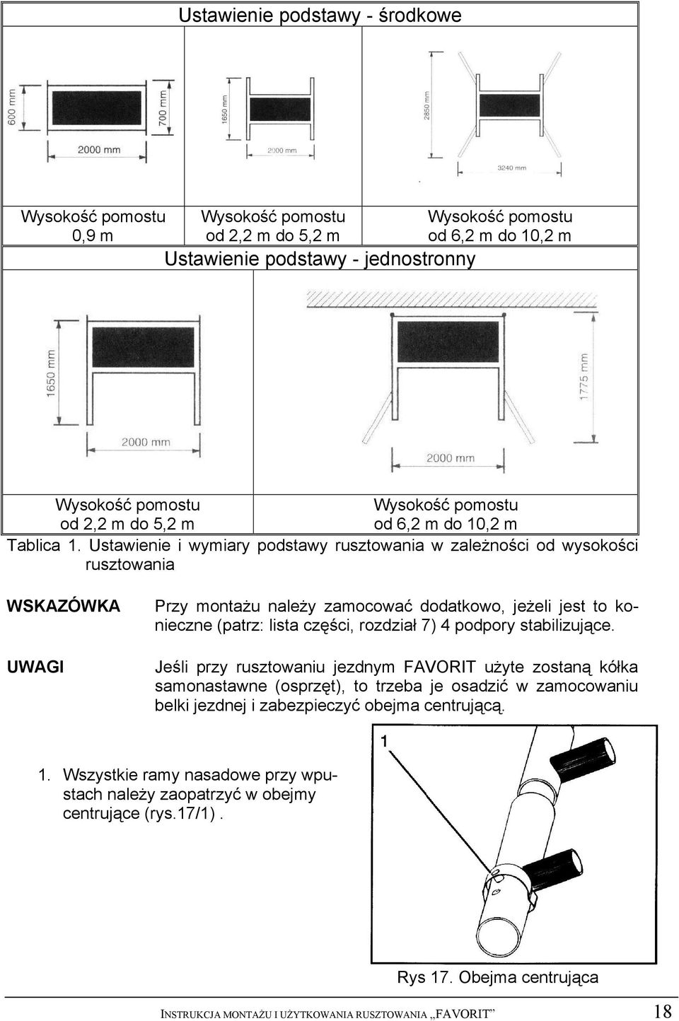 Ustawienie i wymiary podstawy rusztowania w zależności od wysokości rusztowania WSKAZÓWKA UWAGI Przy montażu należy zamocować dodatkowo, jeżeli jest to konieczne (patrz: lista części, rozdział 7) 4