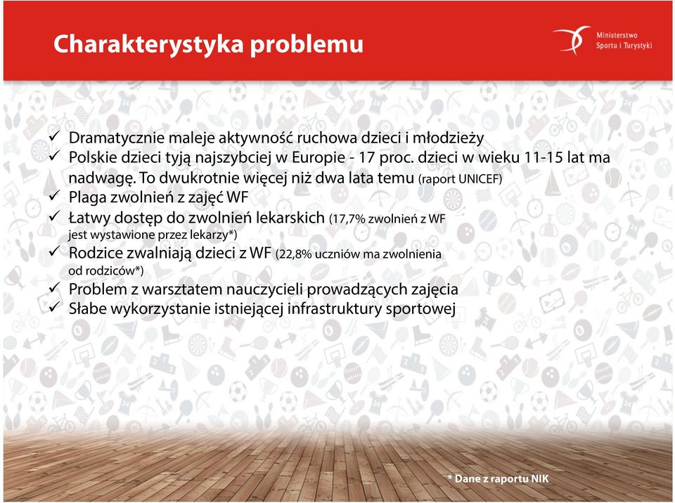 To dwukrotnie więcej niż dwa lata temu (raport UNICEF) ü Plaga zwolnień z zajęć WF ü Łatwy dostęp do zwolnień lekarskich (17,7% zwolnień z