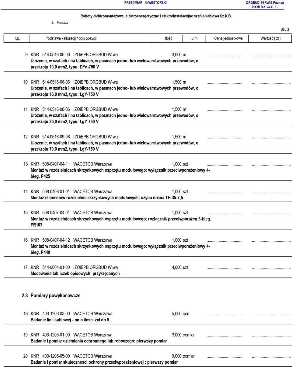 .. przekroju 35,0 mm2, typu: LgY-750 V 12 KNR 514-0516-09-06 IZOiEPB ORGBUD W-wa 1,500 m... przekroju 70,0 mm2, typu: LgY-750 V 13 KNR 508-0407-04-11 WACETOB Warszawa 1,000 szt.