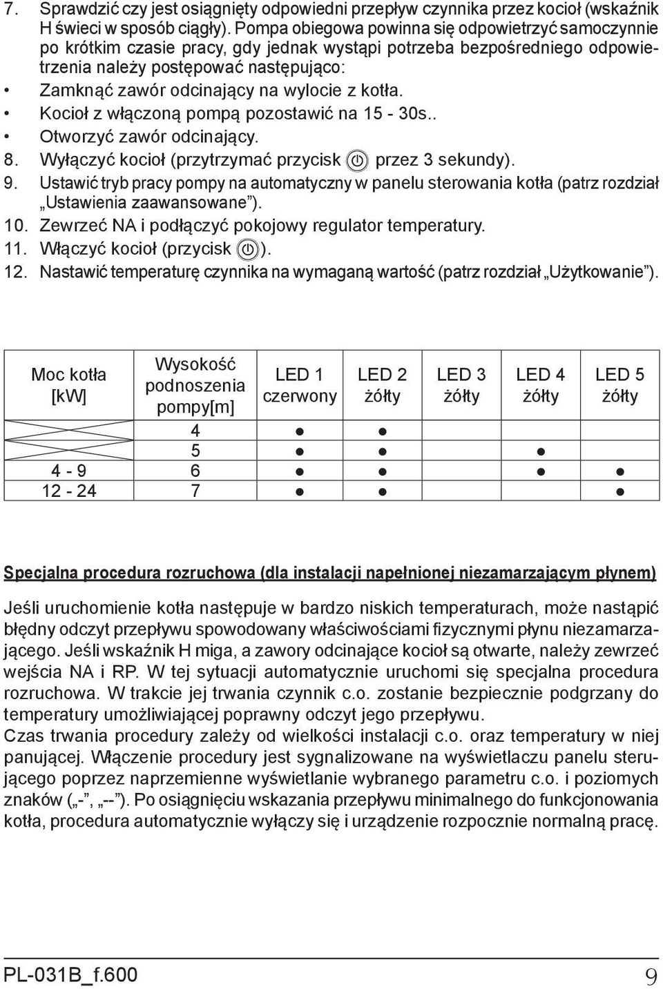 wylocie z kotła. Kocioł z włączoną pompą pozostawić na 15-30s.. Otworzyć zawór odcinający. 8. Wyłączyć kocioł (przytrzymać przycisk przez 3 sekundy). 9.