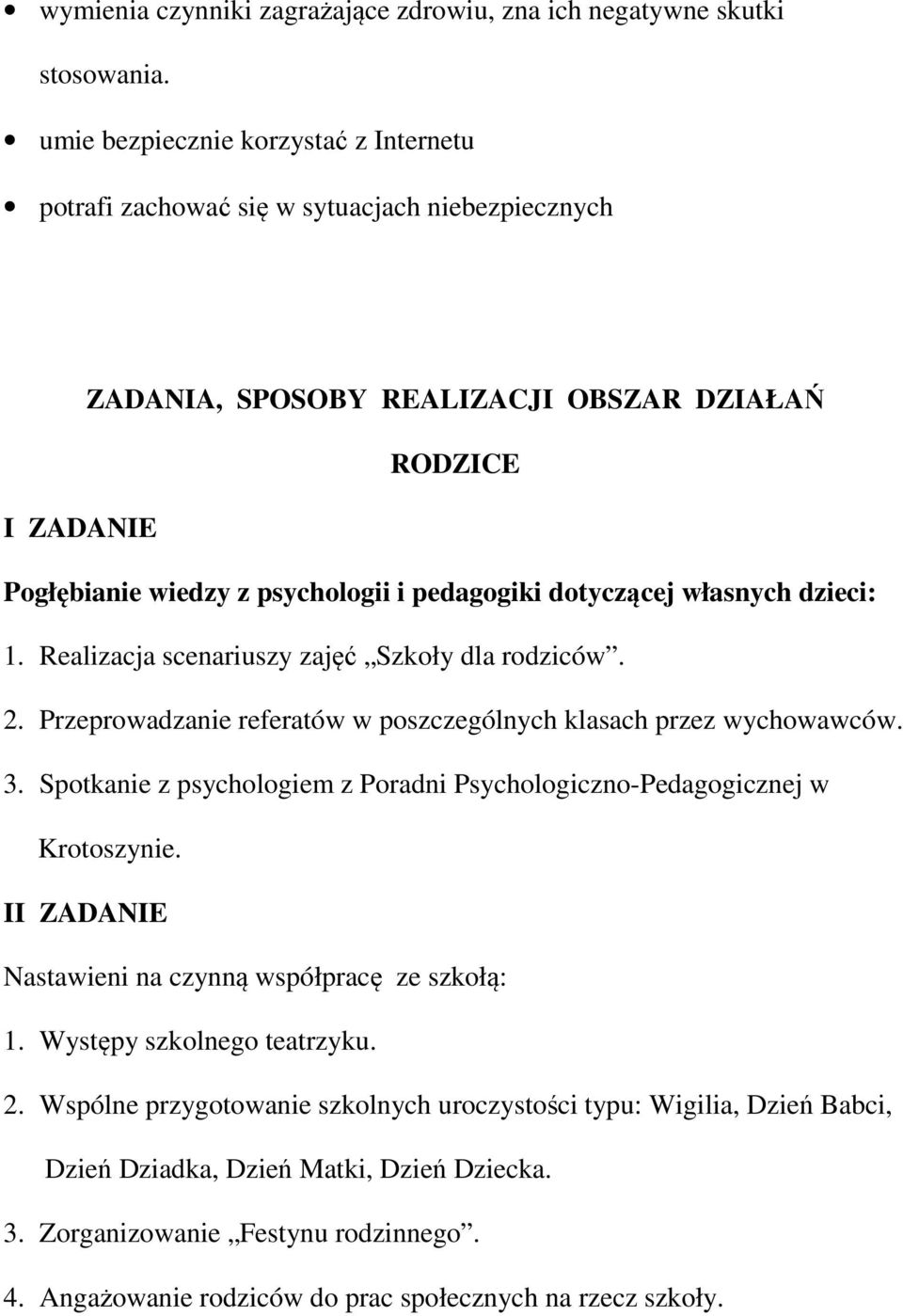 dotyczącej własnych dzieci: 1. Realizacja scenariuszy zajęć Szkoły dla rodziców. 2. Przeprowadzanie referatów w poszczególnych klasach przez wychowawców. 3.