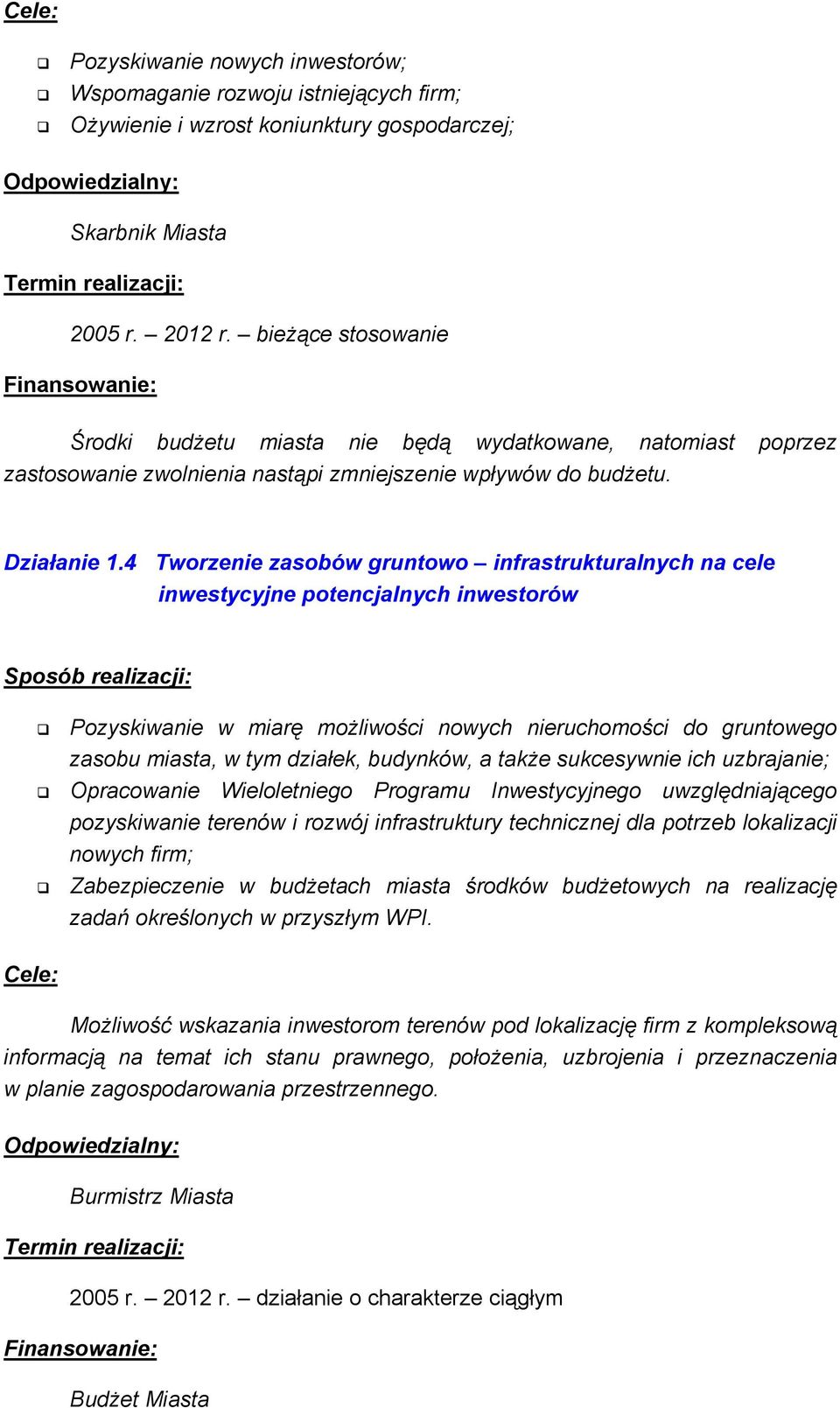 4 Tworzenie zasobów gruntowo infrastrukturalnych na cele inwestycyjne potencjalnych inwestorów Pozyskiwanie w miarę możliwości nowych nieruchomości do gruntowego zasobu miasta, w tym działek,