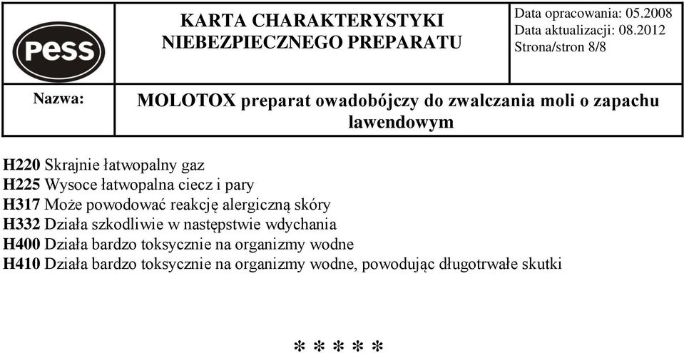 następstwie wdychania H400 Działa bardzo toksycznie na organizmy wodne H410