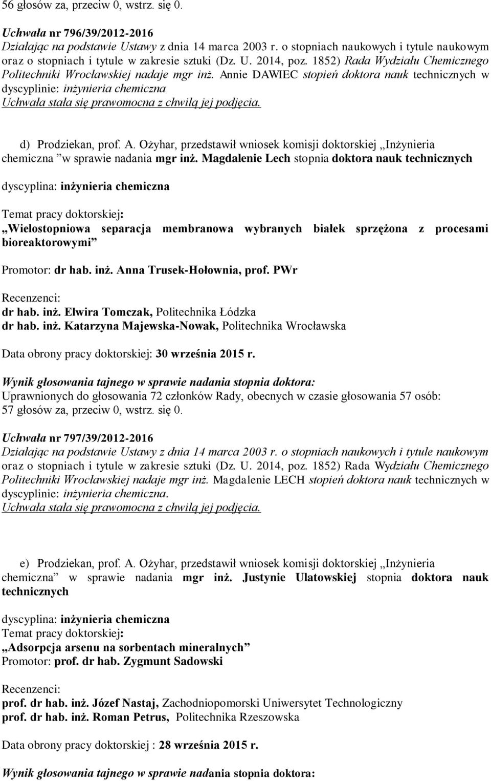 Ożyhar, przedstawił wniosek komisji doktorskiej Inżynieria chemiczna w sprawie nadania mgr inż.