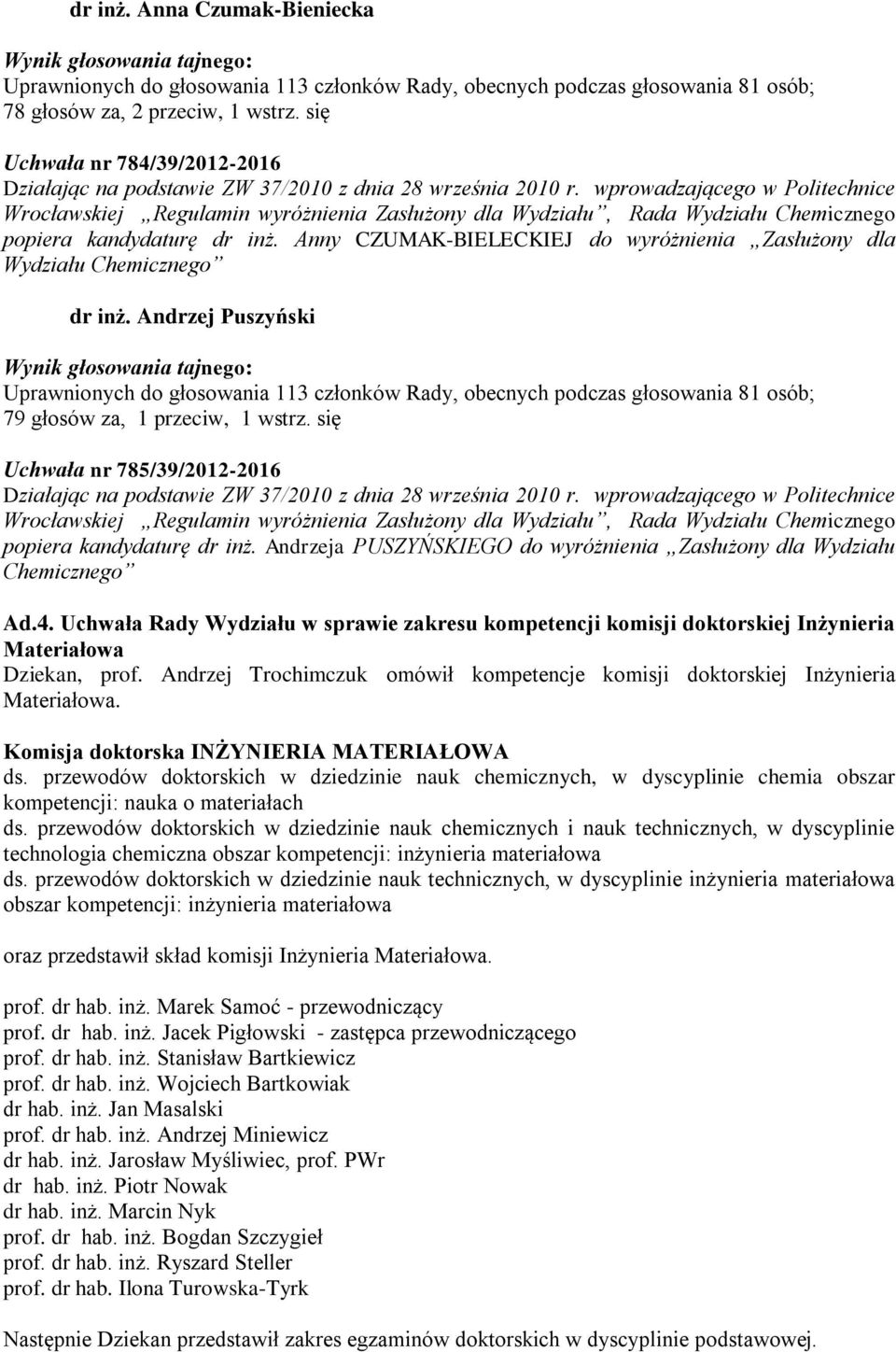 wprowadzającego w Politechnice Wrocławskiej Regulamin wyróżnienia Zasłużony dla Wydziału, Rada Wydziału Chemicznego popiera kandydaturę dr inż.