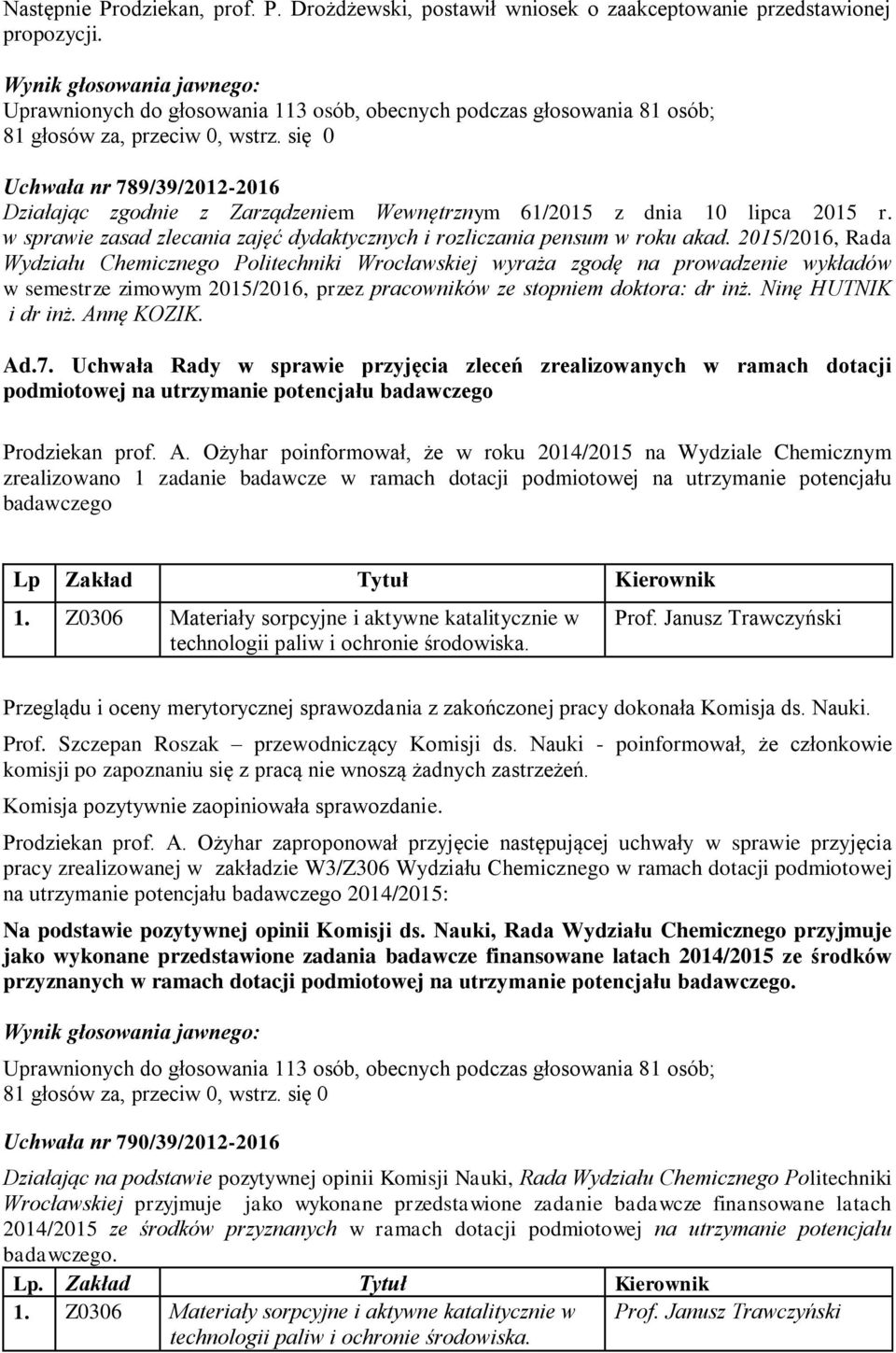 się 0 Uchwała nr 789/39/2012-2016 Działając zgodnie z Zarządzeniem Wewnętrznym 61/2015 z dnia 10 lipca 2015 r. w sprawie zasad zlecania zajęć dydaktycznych i rozliczania pensum w roku akad.