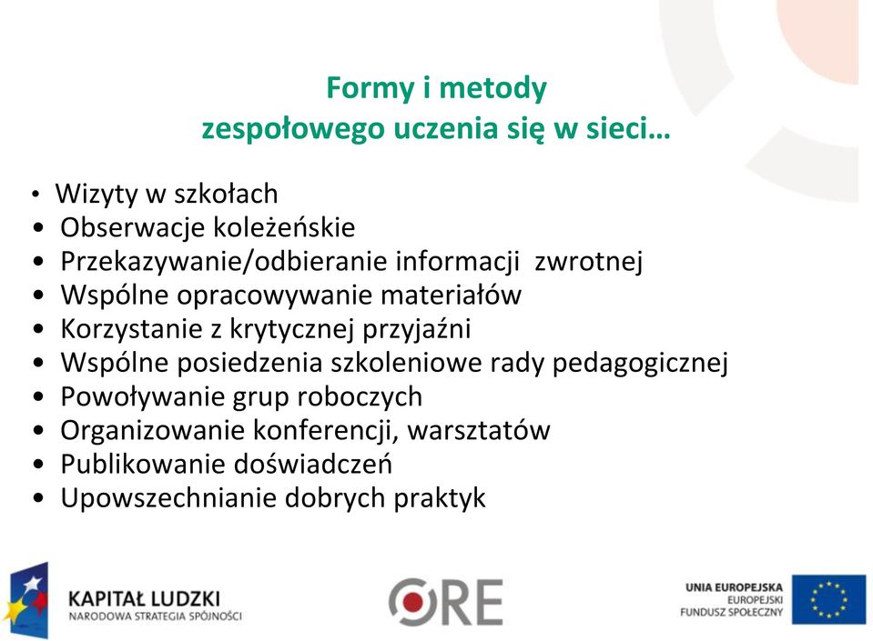 krytycznej przyjaźni Wspólne posiedzenia szkoleniowe rady pedagogicznej Powoływanie grup