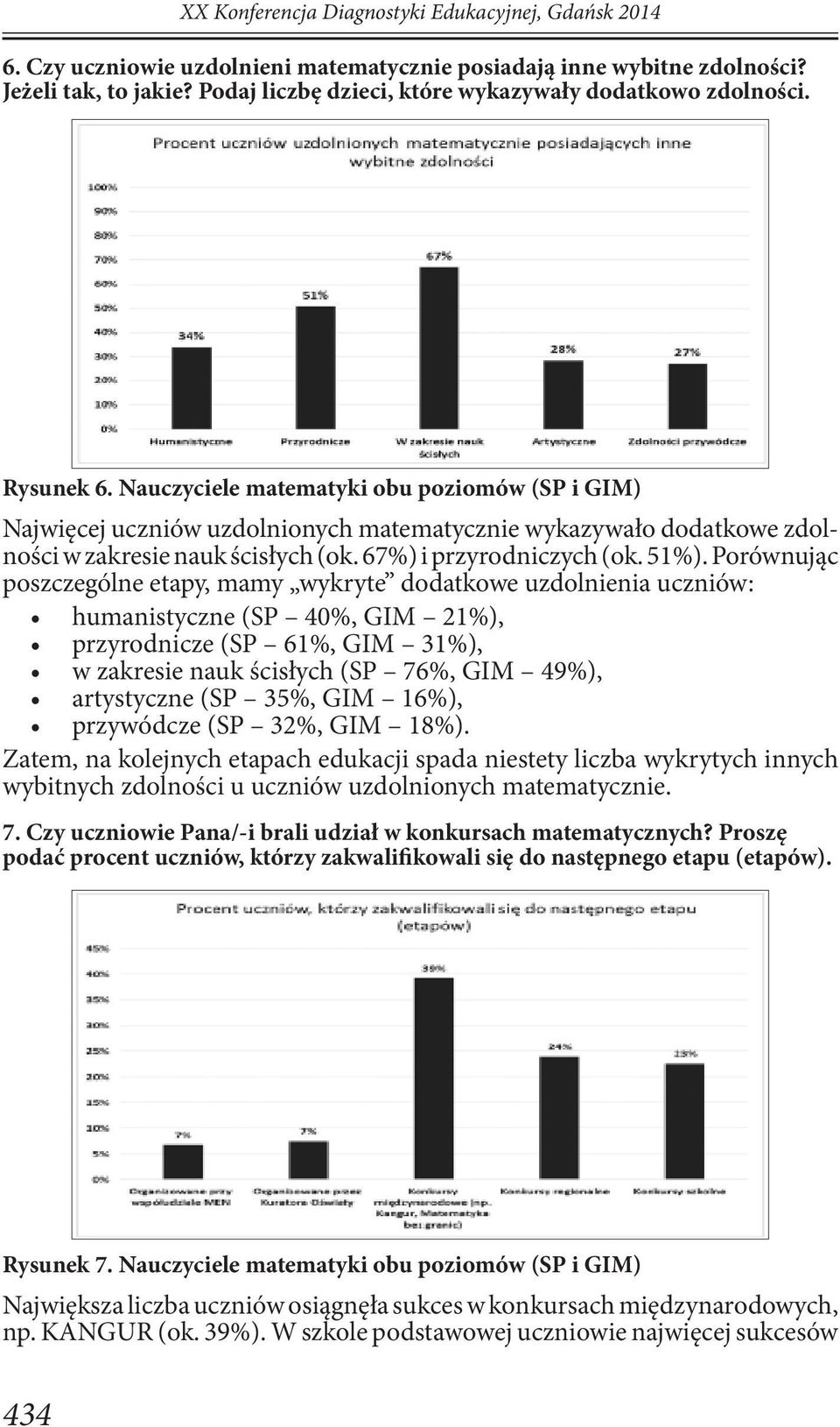 Nauczyciele matematyki obu poziomów (SP i GIM) Najwięcej uczniów uzdolnionych matematycznie wykazywało dodatkowe zdolności w zakresie nauk ścisłych (ok. 67%) i przyrodniczych (ok. 51%).