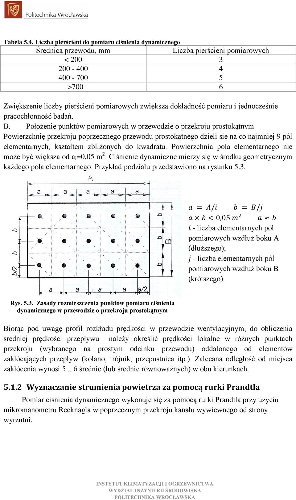 dokładność pomiaru i jednocześnie pracochłonność badań. B. Położenie punktów pomiarowych w przewodzie o przekroju prostokątnym.