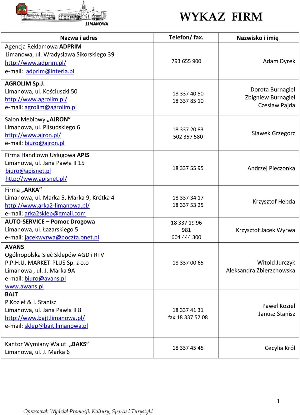 pl Firma Handlowo Usługowa APIS Limanowa, ul. Jana Pawła II 15 biuro@apisnet.pl http://www.apisnet.pl/ Firma ARKA Limanowa, ul. Marka 5, Marka 9, Krótka 4 http://www.arka2-limanowa.