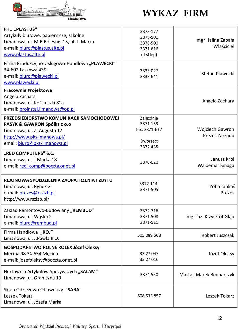 Kościuszki 81a e-mail: proinstal.limanowa@op.pl PRZEDSIEBIORSTWO KOMUNIKACJI SAMOCHODOWEJ PASYK & GAWRON Spółka z o.o Limanowa, ul. Z. Augusta 12 http://www.pkslimanowa.pl/ email: biuro@pks-limanowa.