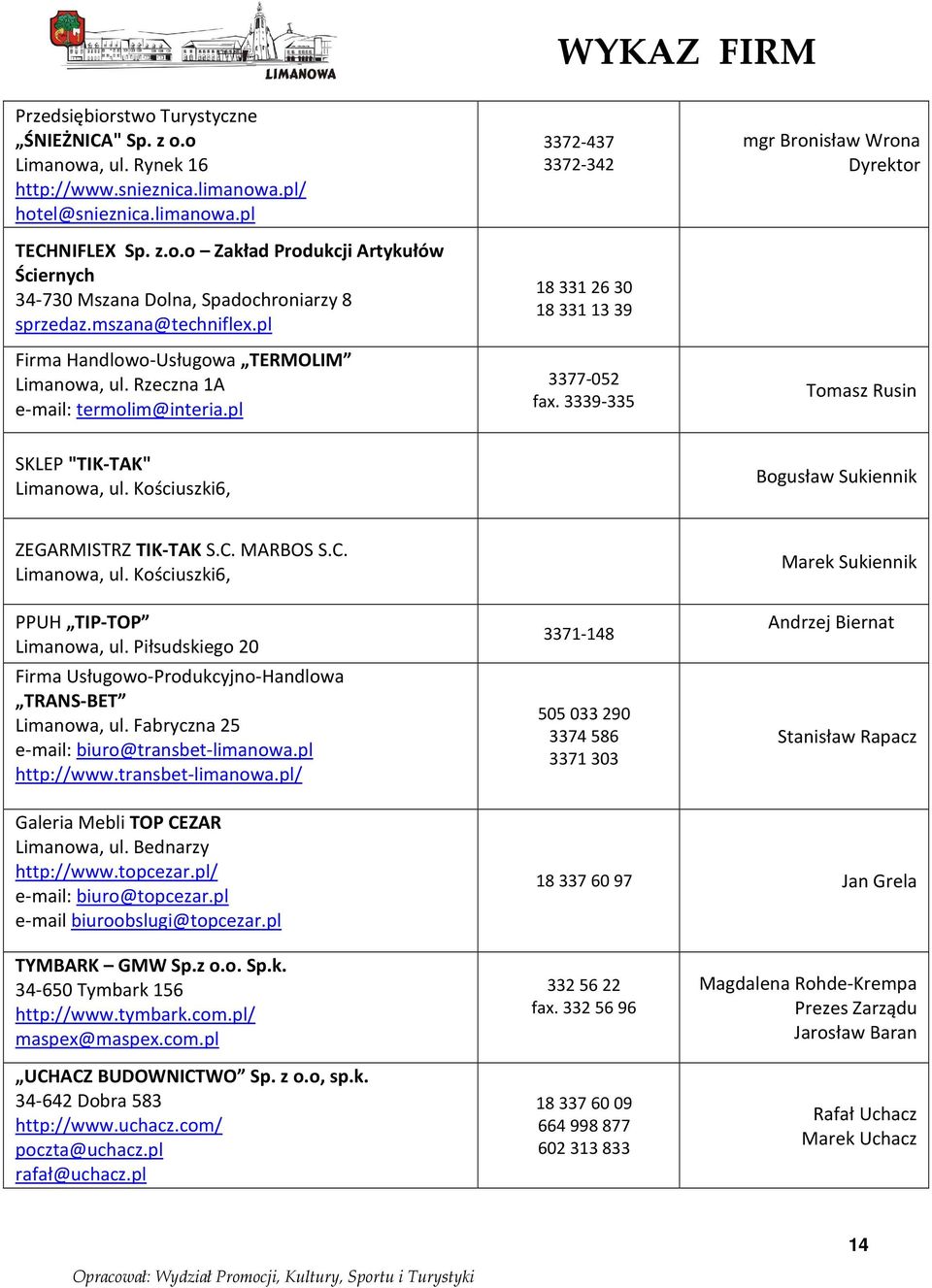 3339-335 mgr Bronisław Wrona Dyrektor Tomasz Rusin SKLEP "TIK-TAK" Limanowa, ul. Kościuszki6, Bogusław Sukiennik ZEGARMISTRZ TIK-TAK S.C. MARBOS S.C. Limanowa, ul. Kościuszki6, PPUH TIP-TOP Limanowa, ul.