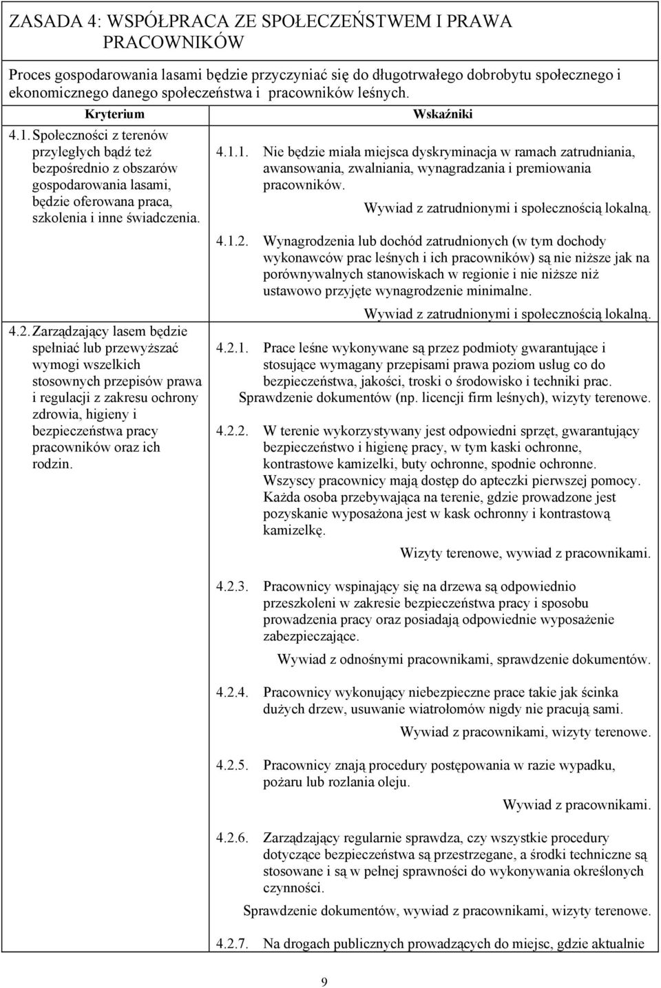 Zarządzający lasem będzie spełniać lub przewyższać wymogi wszelkich stosownych przepisów prawa i regulacji z zakresu ochrony zdrowia, higieny i bezpieczeństwa pracy pracowników oraz ich rodzin.
