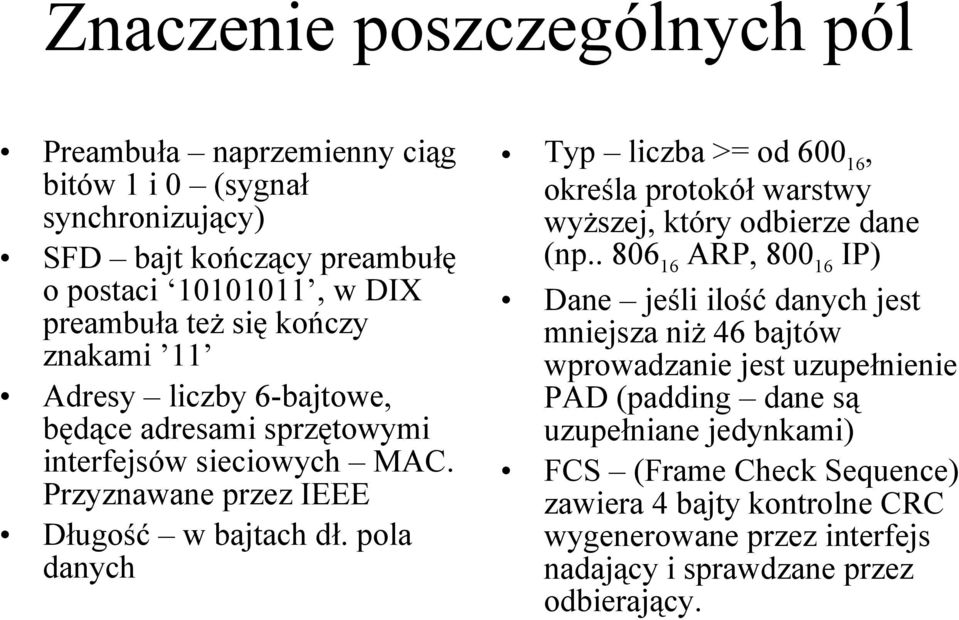 pola danych Typ liczba >= od 60016, określa protokół warstwy wyższej, który odbierze dane (np.