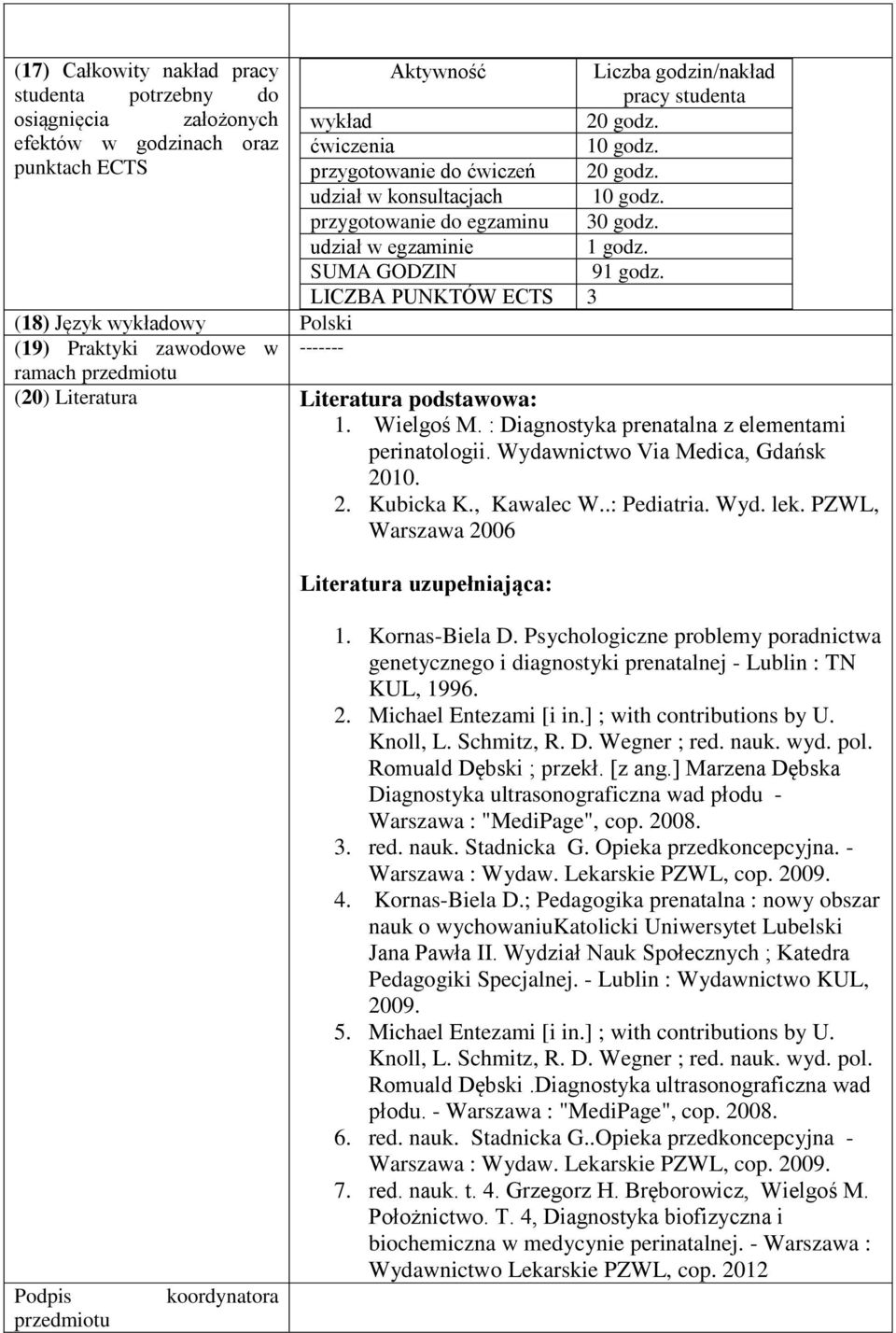 LICZBA PUNKTÓW ECTS 3 (18) Język wykładowy Polski (19) Praktyki zawodowe w ------- ramach przedmiotu (20) Literatura Literatura podstawowa: 1. Wielgoś M.
