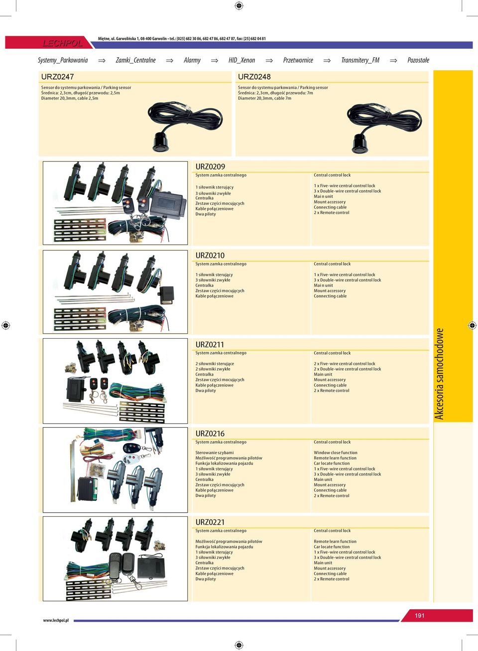 do systemu parkowania / Parking sensor Średnica: 2,3cm, długość przewodu: 7m Diameter 20,3mm, cable 7m URZ0209 1 siłownik sterujący 3 siłowniki zwykłe 1 x Five-wire central control lock 3 x