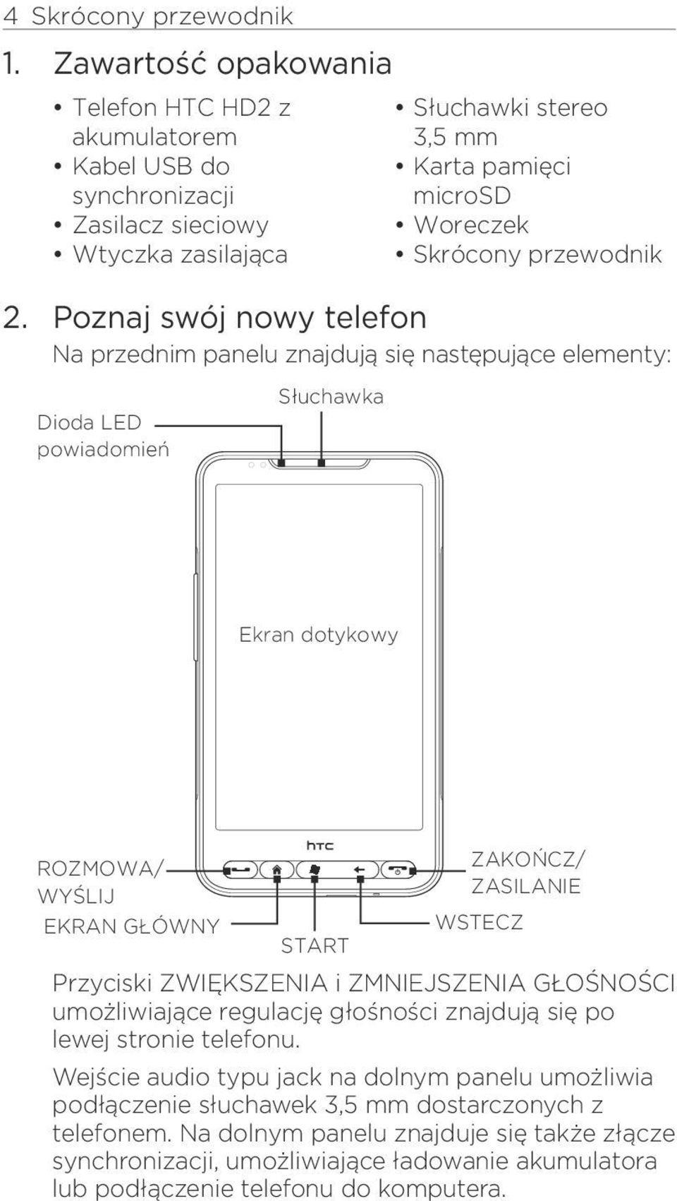 2. Poznaj swój nowy telefon Na przednim panelu znajdują się następujące elementy: Dioda LED powiadomień Słuchawka Ekran dotykowy ROZMOWA/ WYŚLIJ EKRAN GŁÓWNY START ZAKOŃCZ/ ZASILANIE WSTECZ