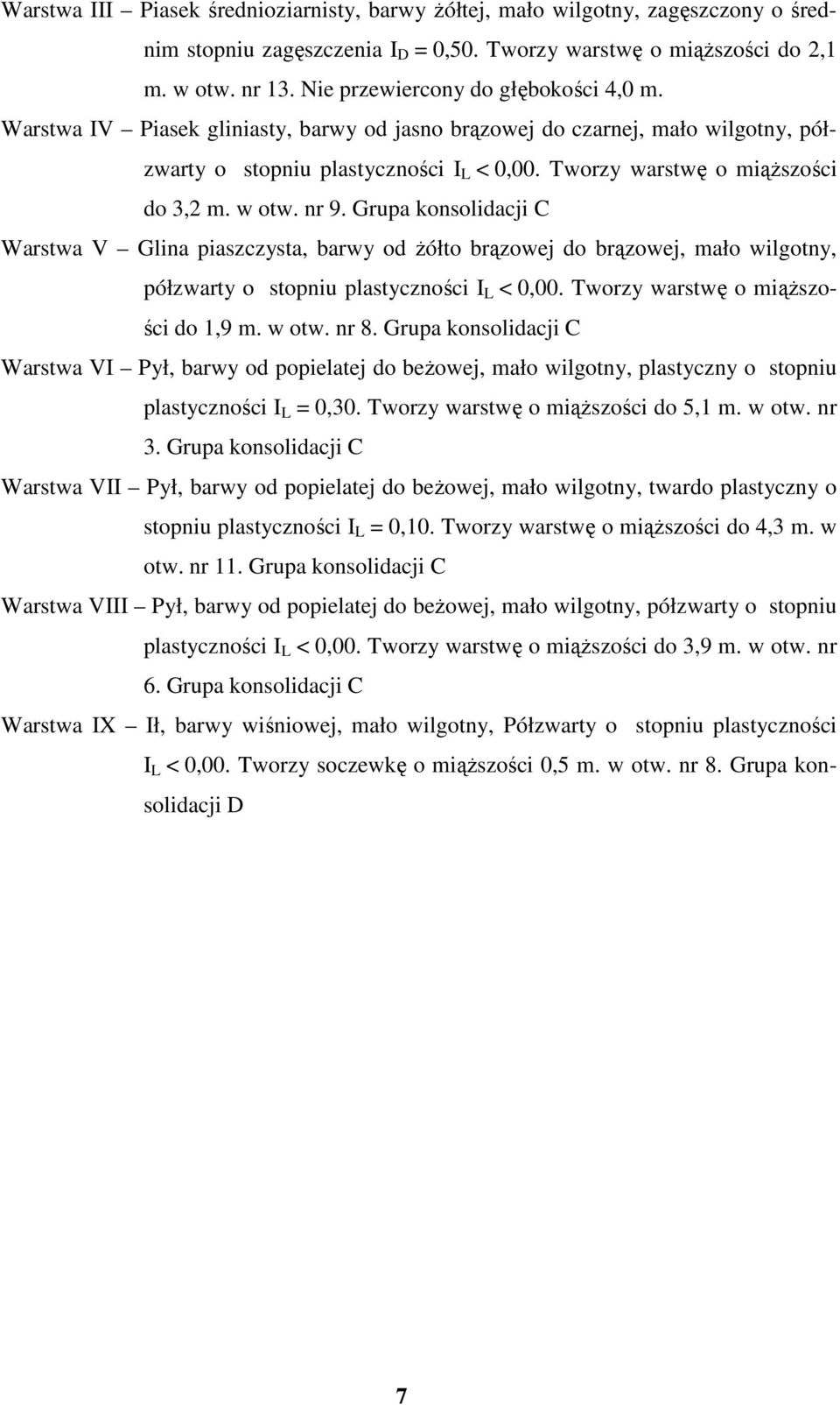 Tworzy warstwę o miąŝszości do 3,2 m. w otw. nr 9. Grupa konsolidacji C Warstwa V Glina piaszczysta, barwy od Ŝółto brązowej do brązowej, mało wilgotny, półzwarty o stopniu plastyczności I L < 0,00.