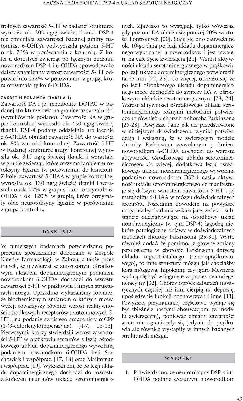Z kolei u dorosłych zwierząt po łącznym podaniu noworodkom DSP-4 i 6-OHDA spowodowało dalszy znamienny wzrost zawartości 5-HT odpowiednio 122% w porównaniu z grupą, która otrzymała tylko 6-OHDA.