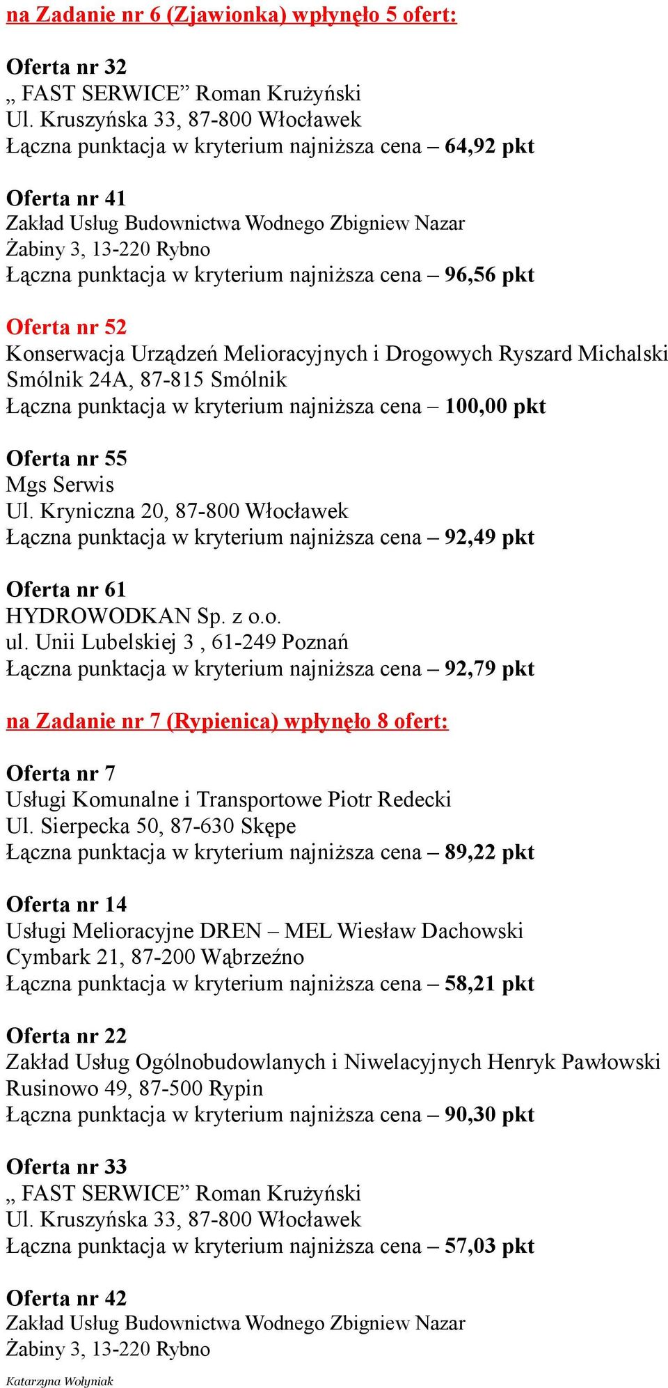 Kryniczna 20, 87-800 Włocławek Łączna punktacja w kryterium najniższa cena 92,49 pkt Oferta nr 61 Łączna punktacja w kryterium najniższa cena 92,79 pkt na Zadanie nr 7 (Rypienica) wpłynęło 8 ofert: