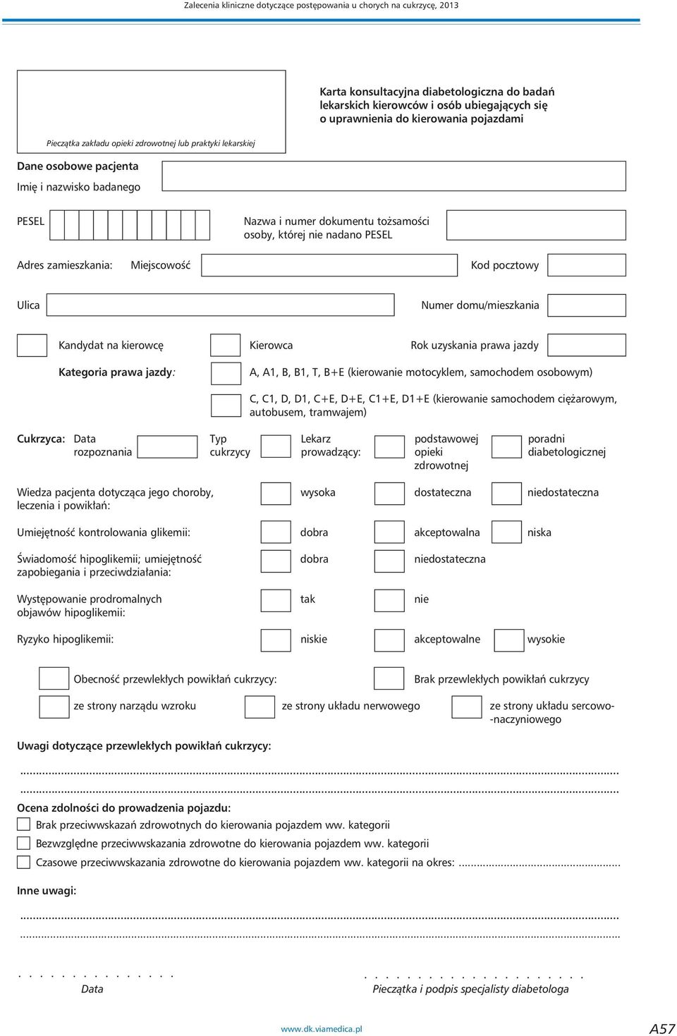 Miejscowość Kod pocztowy Ulica Numer domu/mieszkania Kandydat na kierowcę Kierowca Rok uzyskania prawa jazdy Kategoria prawa jazdy: A, A1, B, B1, T, B+E (kierowanie motocyklem, samochodem osobowym)